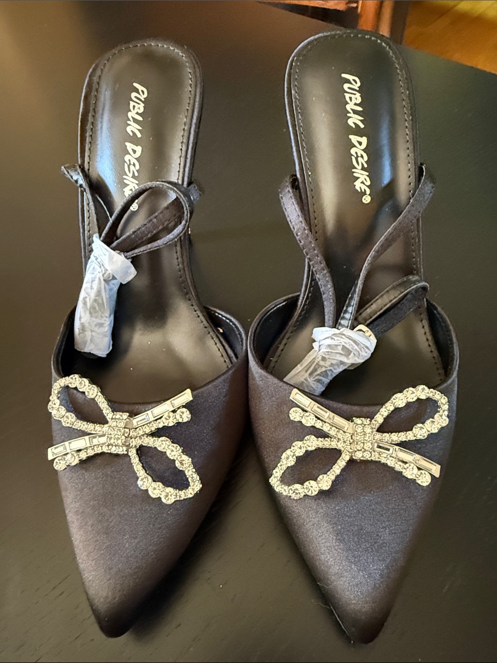 Public Desire Black Satin Pointed Mules with Crystal Bow